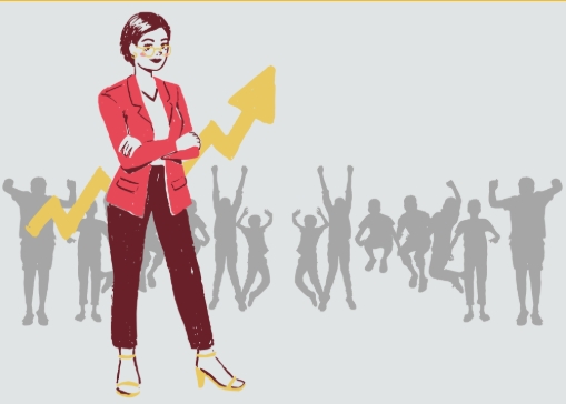 A imagem ilustra uma mulher em evidência, vestindo um casaco vermelho. Atrás, diversas pessoas comemorando.