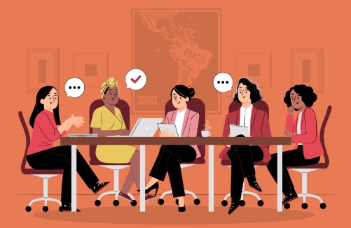 A imagem ilustra uma sala de reuniões com uma mesa e cinco mulheres, o fundo é na cor marrom.