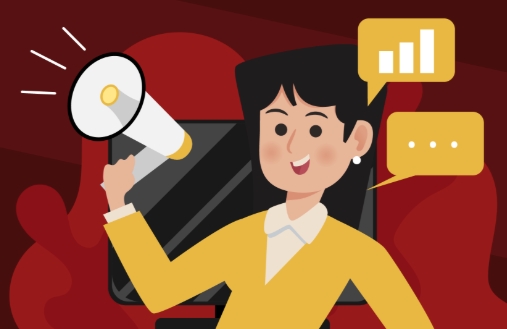 A imagem ilustra uma mulher com um megafone, ao fundo na cor vermelho escuro